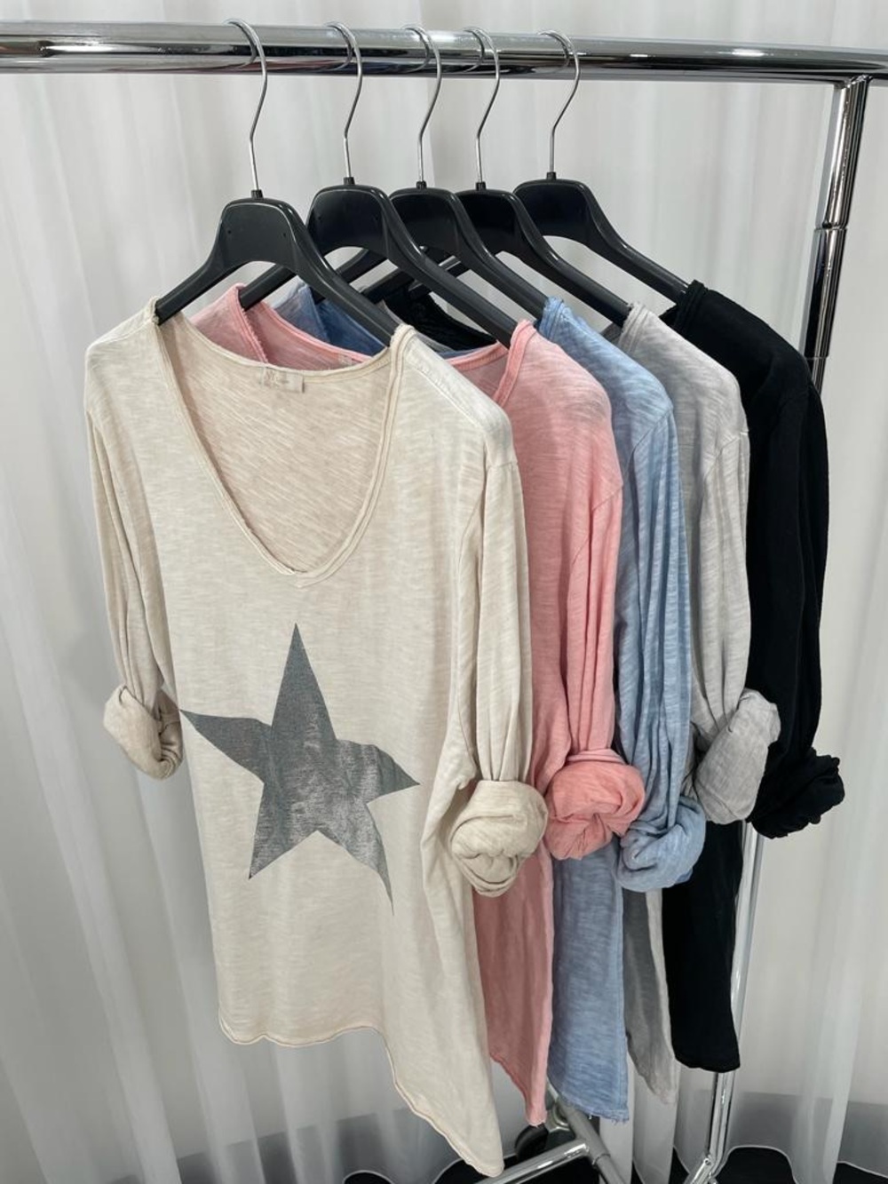 Washed Star V-Neck Long Sleeve Top - Neutral Cream, Pink, Blue, Gray, Black